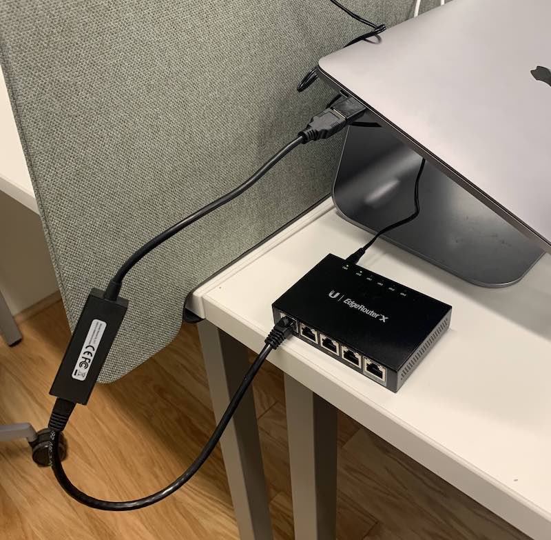 ERX wiring - the power cable is plugged into the back, and the 'eth0' interface is plugged into the computer.